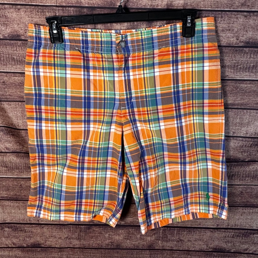 Polo Ralph Lauren Mens Orange Plaid Swim Trunks Size L Mesh Lined Board Shorts